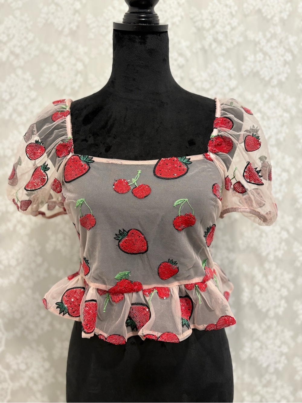 Topshop Pink Sheer Strawberry Embroidered Peplum Crop Top